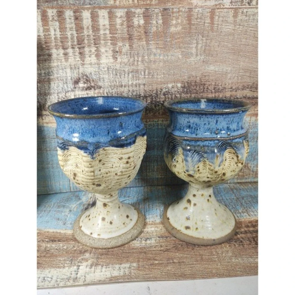 Cariaso Studio Hand Thrown Pottery Footed Stoneware Water Goblet‎ Set